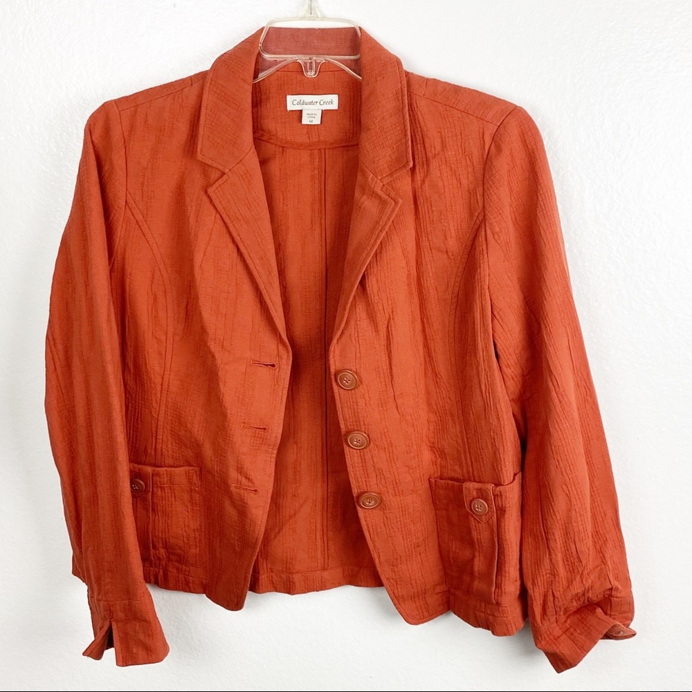 COLDWATER CREEK 100% Cotton Burnt Orange Three Button Blazer Jacket, Size 14